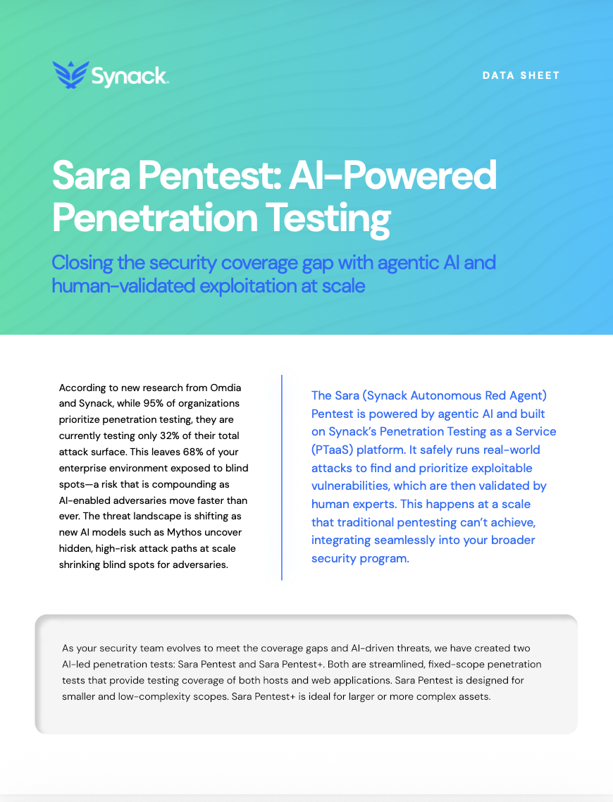 Sara AI Pentesting datasheet showing AI-powered penetration testing and continuous security validation
