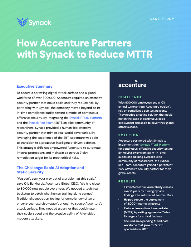 Accenture case study cover showing how Synack helped reduce MTTR with continuous offensive security